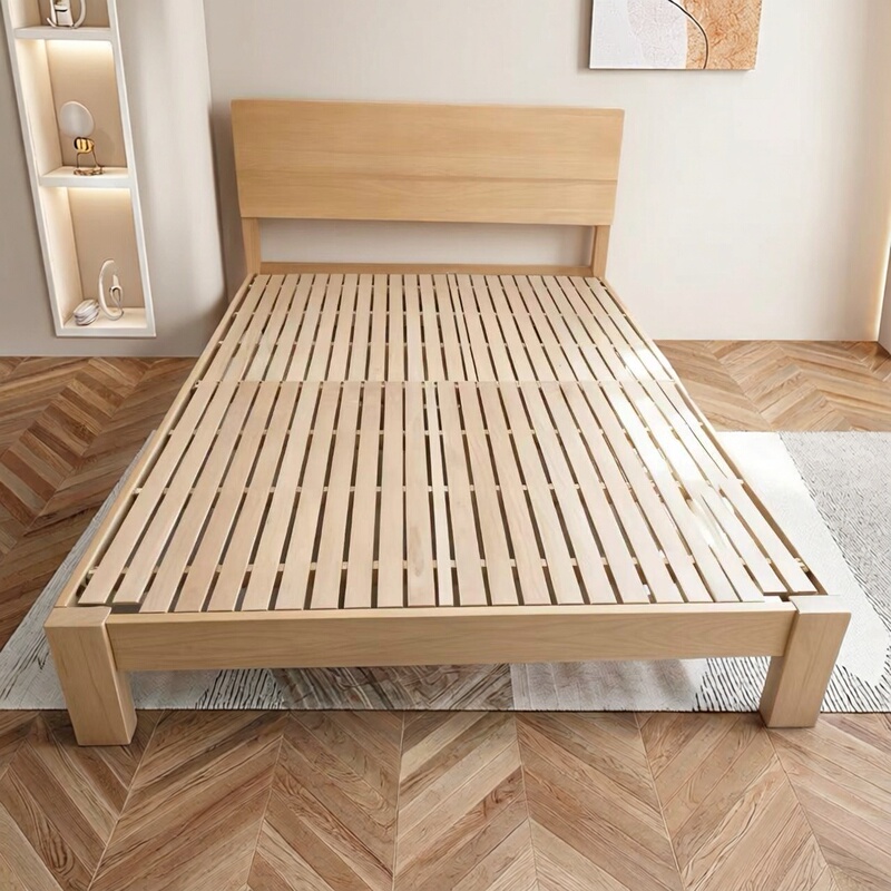 Thickened Solid Beech Wood Double Bed 1.5m/1.8m Simple Natural Wood Flat Pure Wood Bed for Home Master Bedroom