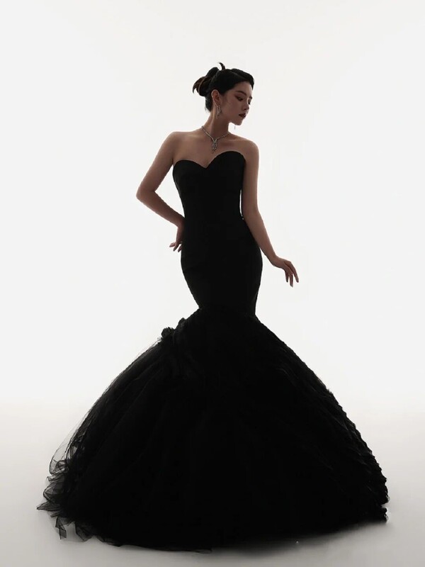 New Photo Studio Colorful Gauze Theme Clothing Couple Photo Photography Black Gauze Dress Black Fishtail Tail Wedding Dress