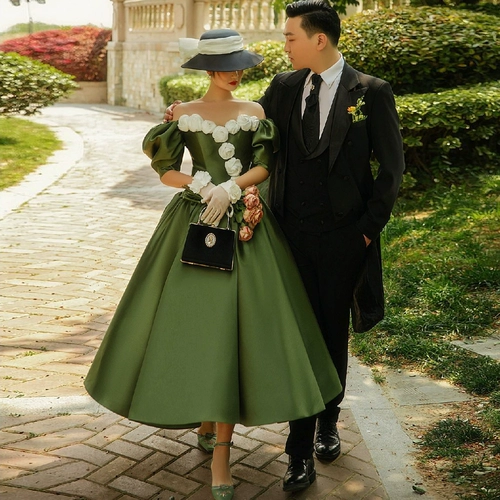 Ретро зеленое свадебное платье, французский ретро стиль, рукава фонарики