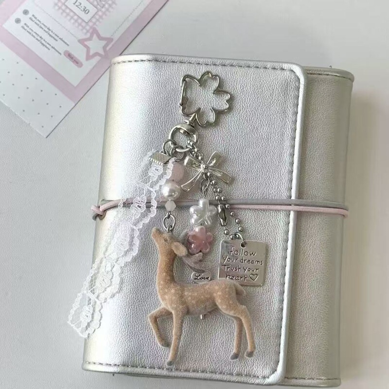 Sweet Girly Lace Velvet Deer Pendant with Small Flower Beads Keychain, Niche Design Bag Chain