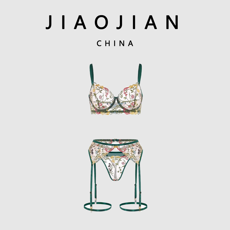 Jiaojian Timeless Charm* Sexy Bra, Garter Belt, Thong, and Leg Ring Three-Piece Lingerie Set
