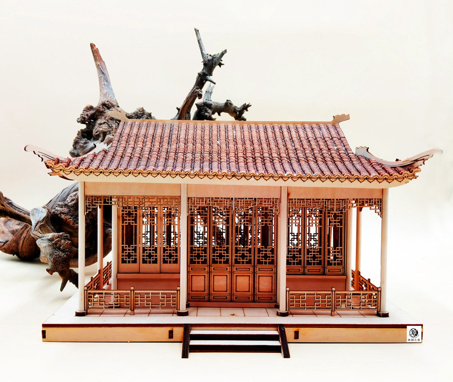 Chinese style meditation ancient building assembly diy wooden semi-tenon and mortise assembly listening to rain xuan model craft gift pendulum piece