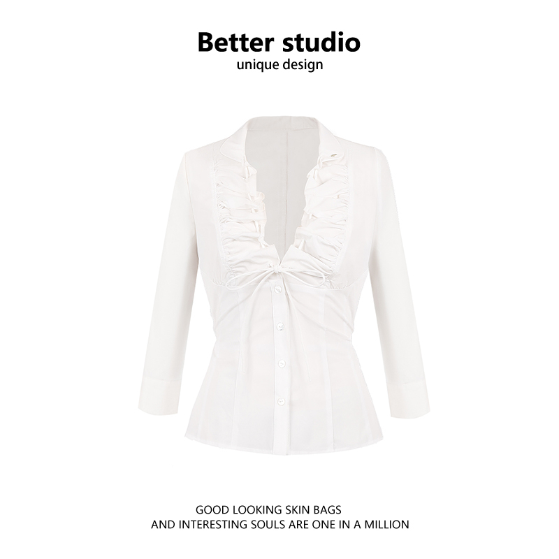 Lace-Up Waist Drawstring Pleated Shirt for Women, 2025 Winter New Design, Niche Slim Fit, Elegant Top