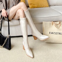 White long cylinder boots Cavaliers boot pointed high cylinder high heel small sub-long boot female though kneecap boot coarse heel in knee elastic