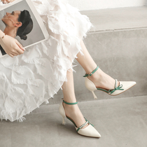 White High Heel Shoe Woman Summer Matching Dress Fine Heel Buttoned Baotou Sandals Sandals 2021 Pointed Butterfly Knot Single Shoes