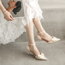 White Pointed High Heel Shoe Woman Summer Matching Dresses Fairy Wind with Buttoned Butterfly Knot and Single Shoe Baotou sandals