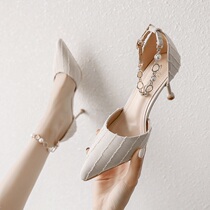 Hollow word button High heel Shoe Girls fine heel sandals 2021 New pointed single shoe woman with fairy wind small code