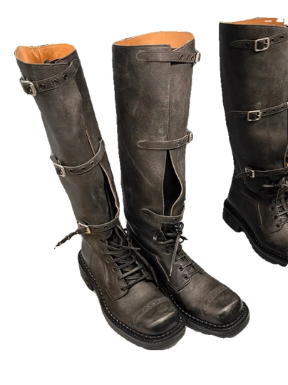 牛皮版~复古真皮内增高时装靴女2025新款做旧骑士靴皮带扣长筒靴