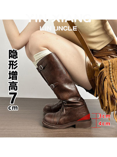 牛皮版~复古真皮内增高时装靴女2025新款做旧骑士靴皮带扣长筒靴
