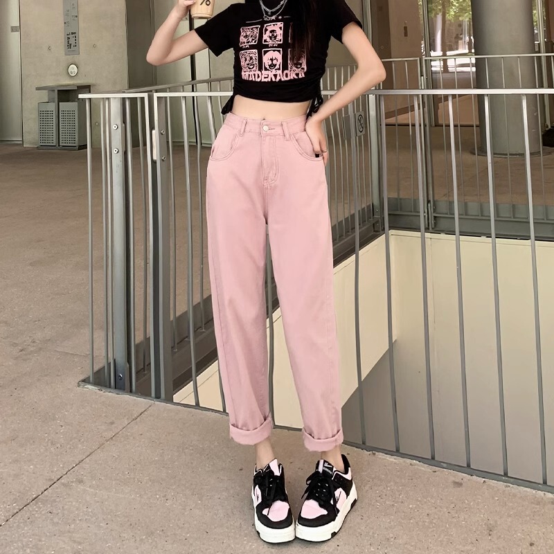 Dirty Pink Harem Jeans Women's Summer Small High Waist Loose Straight-Leg Thin Curled Daddy Carrot Pants