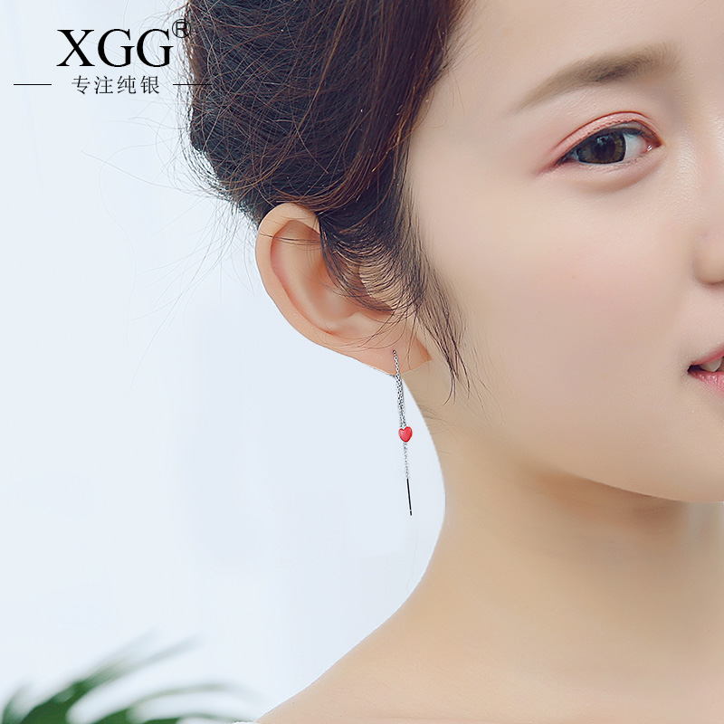 Japanese sweet and cute Korean temperament sterling silver earrings female earrings long version red love small red heart earrings personality