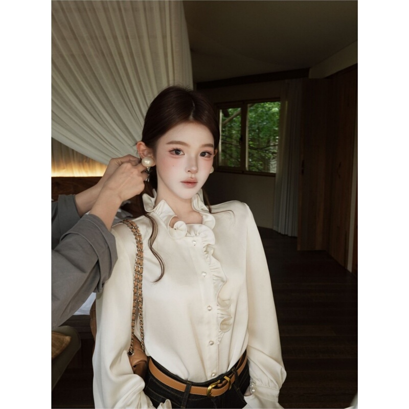 French-Style White Satin Ruffled Long-Sleeved Shirt for Women, Early Autumn Design, Loose and Casual, Elegant Inner Top