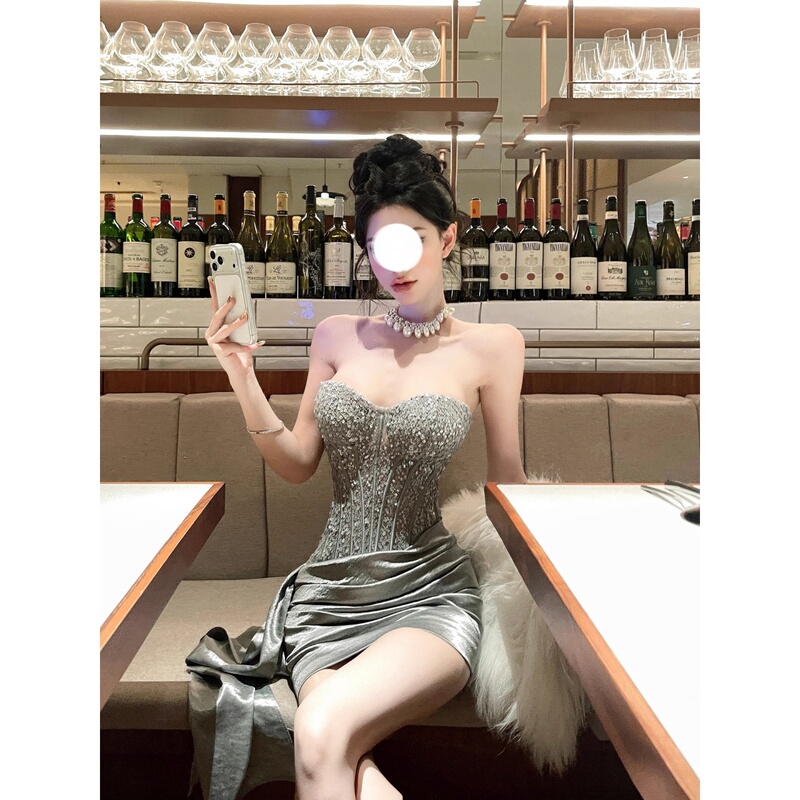 Sexy Hot Girl Sequin Tube Top Dress Women's Summer Elegant Inner Wear Slim Fit Bottoming Dress Hip-Hugging Birthday Short Skirt
