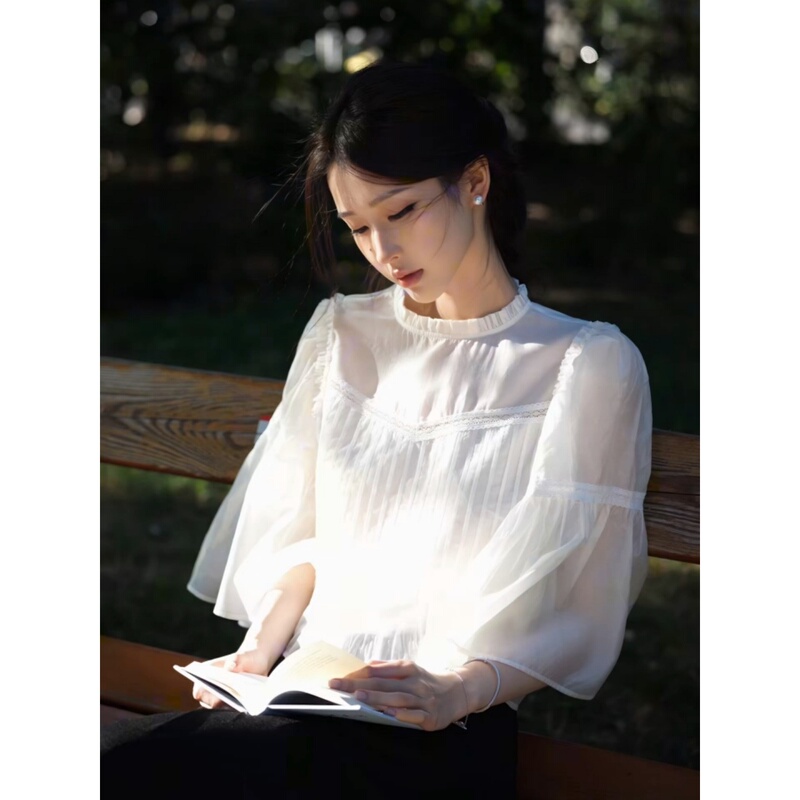 French-Style White Ruffled Lace Mid-Sleeve Shirt for Women, Summer Design, Casual, Loose, Elegant Cape Top French-Style White Ruffled Lace Mid-Sleeve Shirt for Women, Summer Design, Casual, Loose, Elegant Cape Top