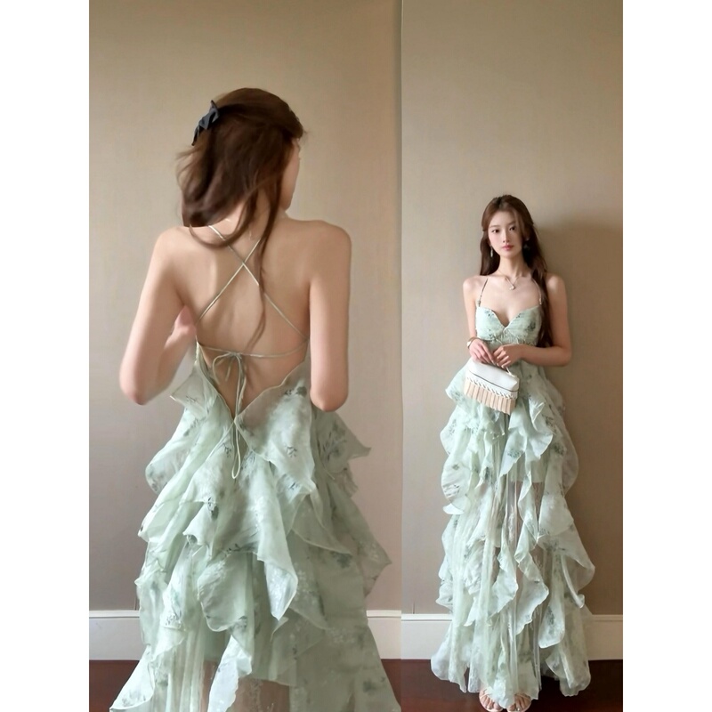 French-Style Green Ruffled Backless Spaghetti Strap Dress for Women, Perfect for Summer Beach Vacations, Stunning Waist-Cinching Tiered Long Dress