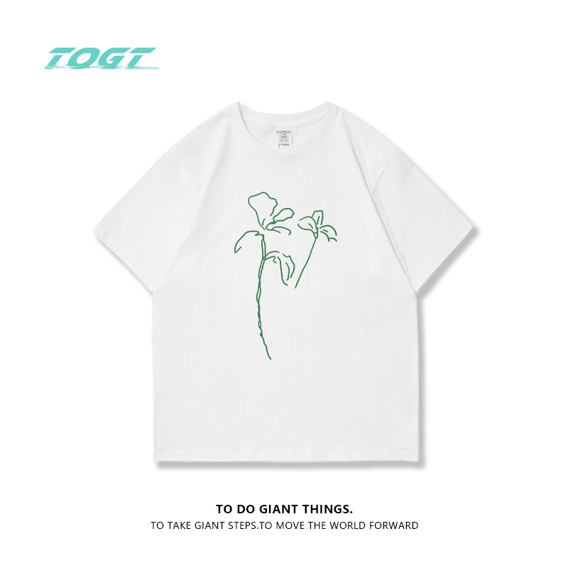 Togt Niche Design Green Floral White Short-Sleeve Drop-Shoulder T-Shirt for Women, Artistic, Fresh, Loose-Fitting, Pure Cotton Tee