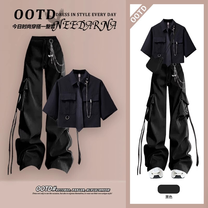 Summer Korean Style Complete Outfit Ootd, Age-Reducing College Style Set, Cool and Edgy Street Style with Cargo Pants Summer Korean Style Complete Outfit Ootd, Age-Reducing College Style Set, Cool and Edgy Street Style with Cargo Pants
