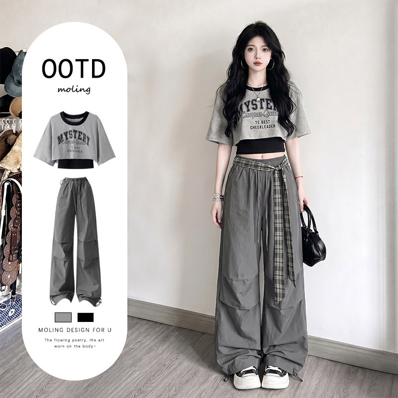 Korean Style Summer Outfit Gray Short-Sleeve T-Shirt 2026 Super Popular Summer Wear Complete Set Cool and Edgy Sister-Style Cargo Pants Set