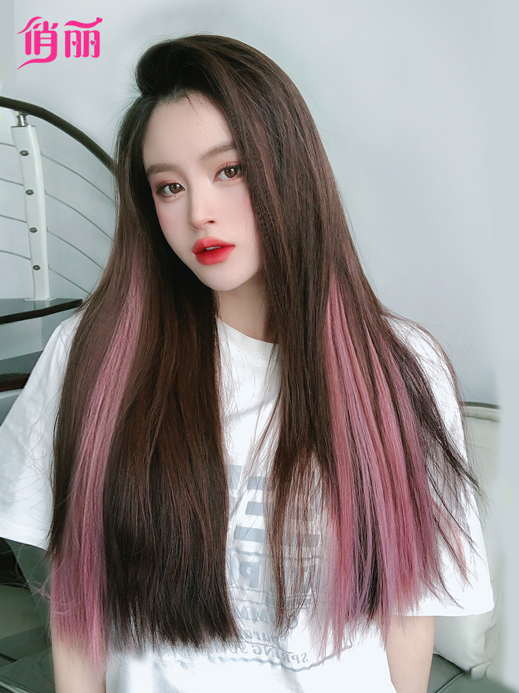 Wig piece Female long hair Color one-piece incognito invisible female straight hair Ear hanging dye highlights short hair extension piece