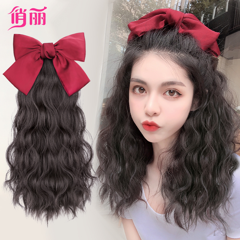 Wig female long hair ponytail wig female strap wool roll big bow ponytail subnet Red natural no trace