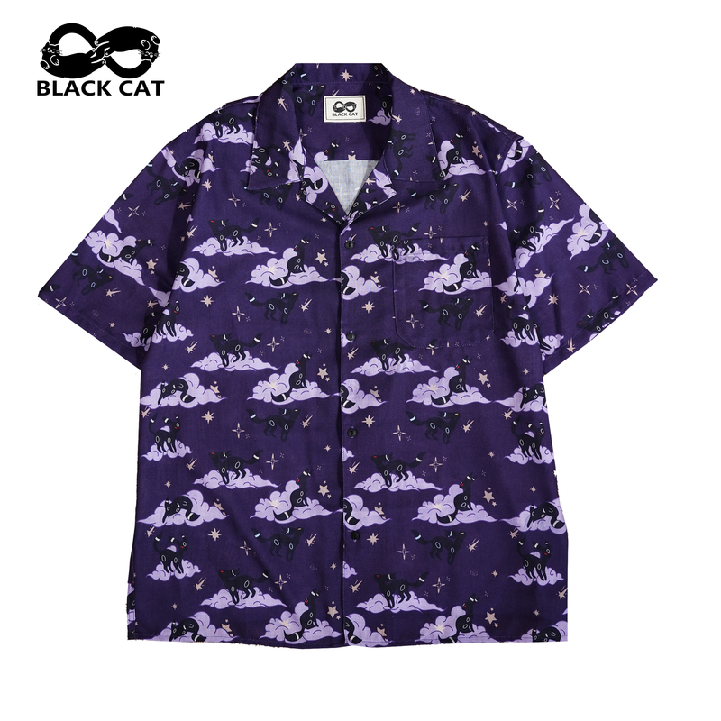 Blackcatbb Original Design Retro Print of the Moon on the Clouds Loose Hawaiian Shirt for Men and Women