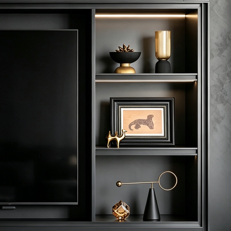 Light Luxury Style Black Gold Tv Cabinet Niche High-End Ornaments Large Flat-Floor Villa Model Room Bookshelf Soft Decorations