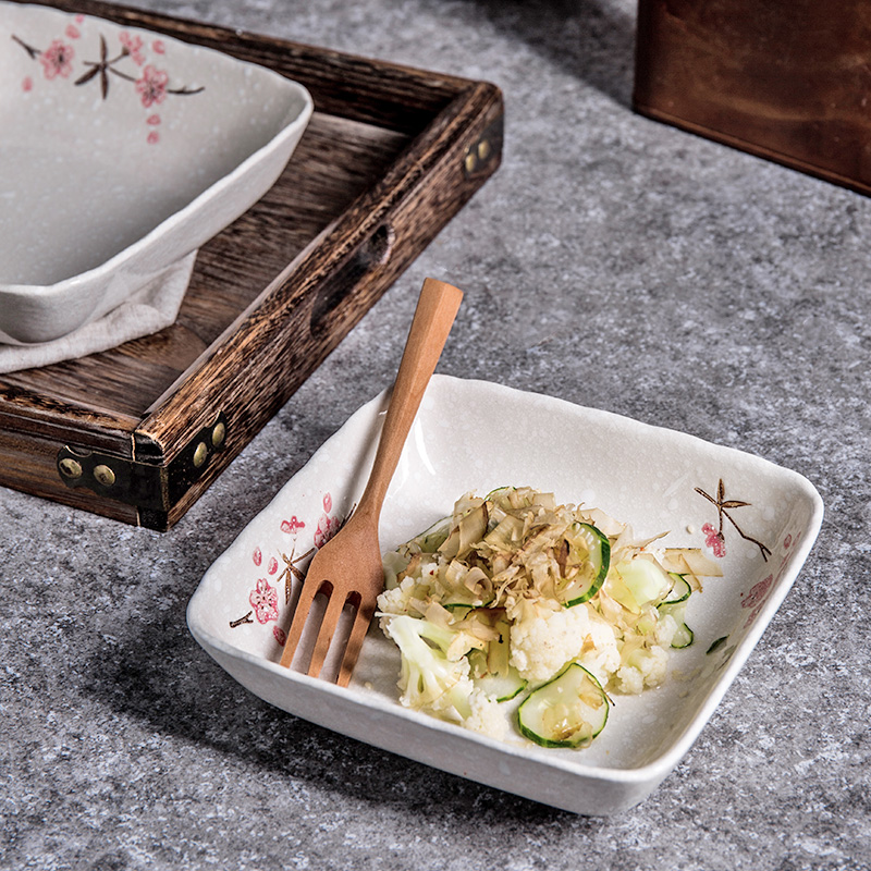 Creative hand - made ceramic dish dish dish soup plate Japanese household deep dish breakfast tray square plate of cherry blossoms