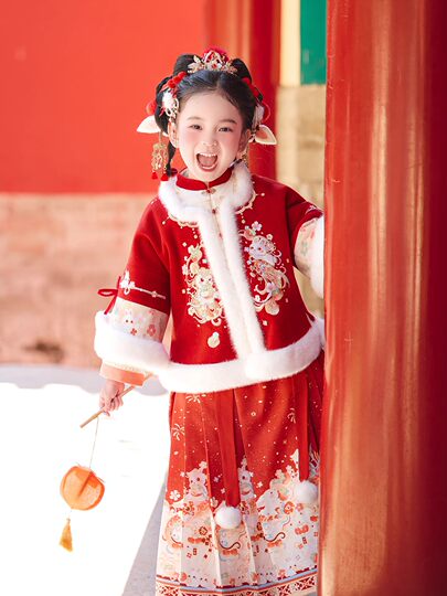 女童明制红色古风汉服2026新款秋冬厚款儿童喜庆中国风拜年服套装