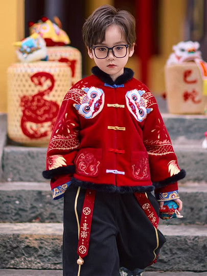 男生冬季新款中国风唐装儿童厚款喜庆洋气喜庆汉服两件套拜年服