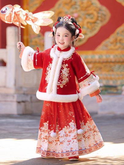 女童明制红色古风汉服2026新款秋冬厚款儿童喜庆中国风拜年服套装