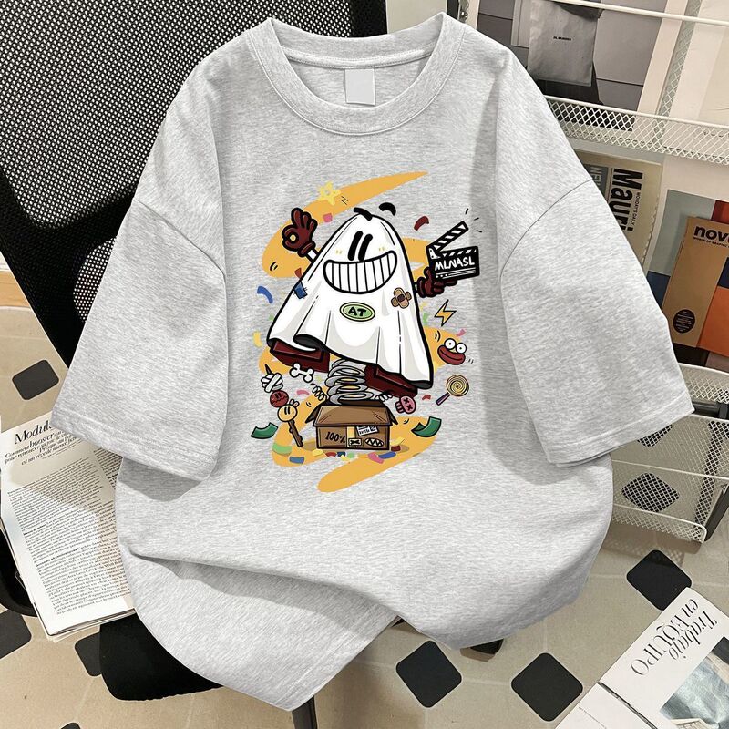 Heavyweight Pure Cotton Summer New Style Ghost Print Short-Sleeve T-Shirt for Men and Women, Loose and Versatile ins Trendy Lazy Style Top