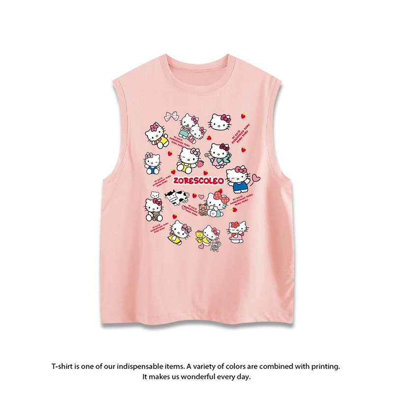 Heavyweight Pure Cotton Fun Hello Kitty Print Sleeveless Vest for Men and Women, Loose Korean Style Trendy ins Summer Cropped T-Shirt