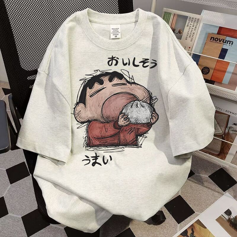 Heavyweight Pure Cotton Japanese Retro Crayon Shin-Chan Print Short-Sleeve T-Shirt for Men, Summer ins Trendy Brand Loose and Versatile Top