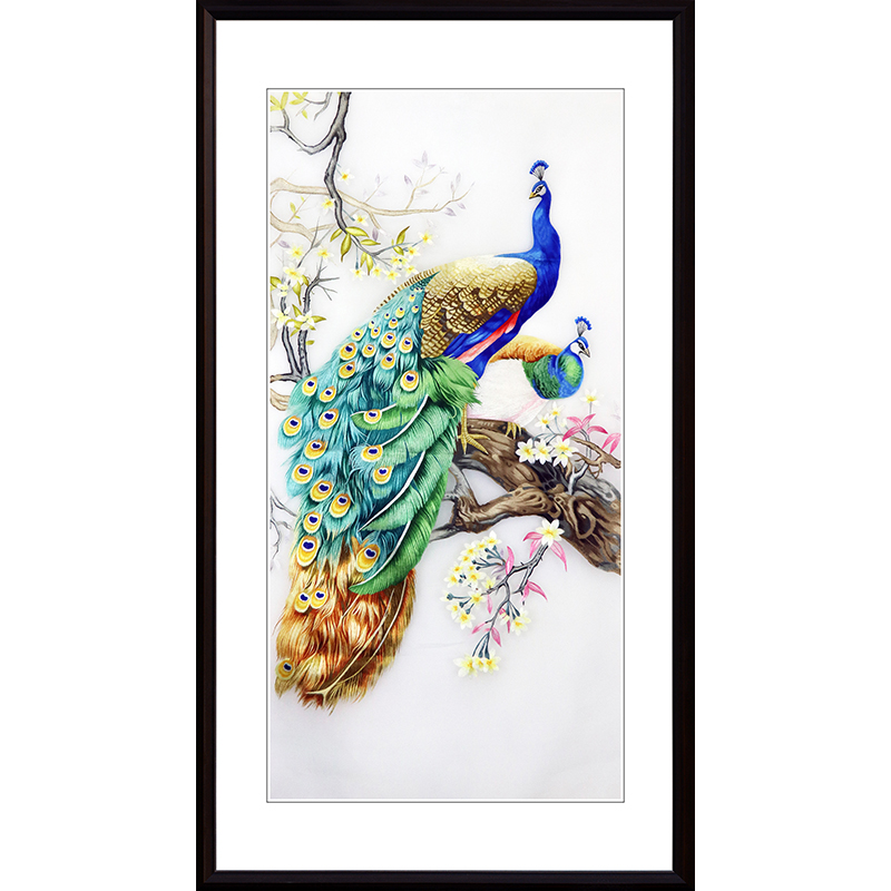 Su Embroidery Finished Product Hanging Painting Xuanguan Corridor Chinese Flower Bird Peacock Harvertical Amplitude Living Room Decoration Painting Boutique Pure Handmade Embroidery