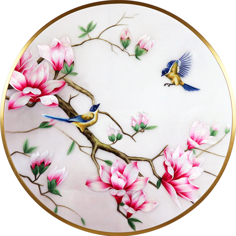 Su embroidery finished hanging painting Magnolia flower and bird porch screen partition Chinese living room pure handmade silk round embroidery painting