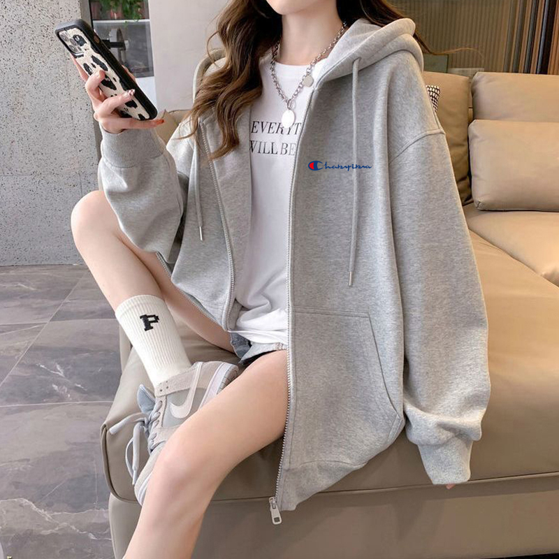 2025 New Hooded Zip-Up Cardigan Gray Sweatshirt for Women, Autumn and Winter Mid-Length Loose Couple's Jacket, Lazy Style