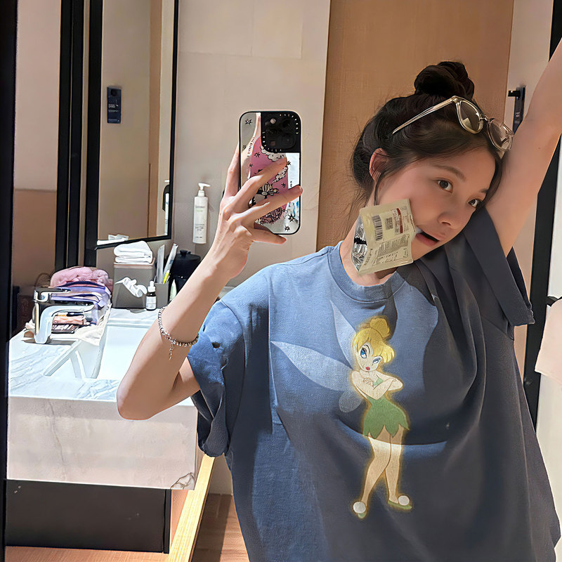 Saint Spring/Summer American Retro Little Elf Print Base Shirt Top Loose Fit Inner Layer Couple Outfit Short Sleeve T-Shirt for Women