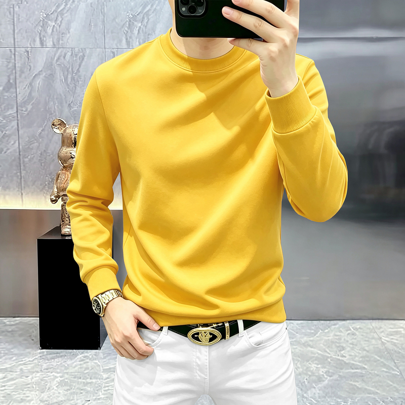 Autumn High-End Light Luxury Comfortable Pullover Men's Sweatshirt Yellow Crew Neck Bright Color Fashionable Solid Color Long-Sleeve Top Versatile