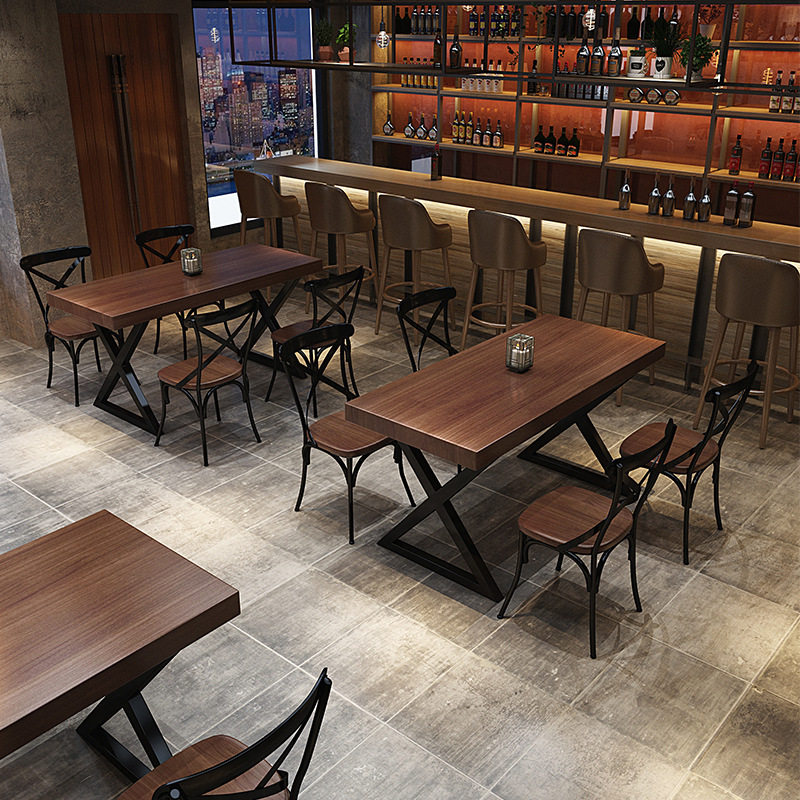 Solid wooden table and chair retro industrial wind bar café bar barbecue iron tables and chairs combination meal