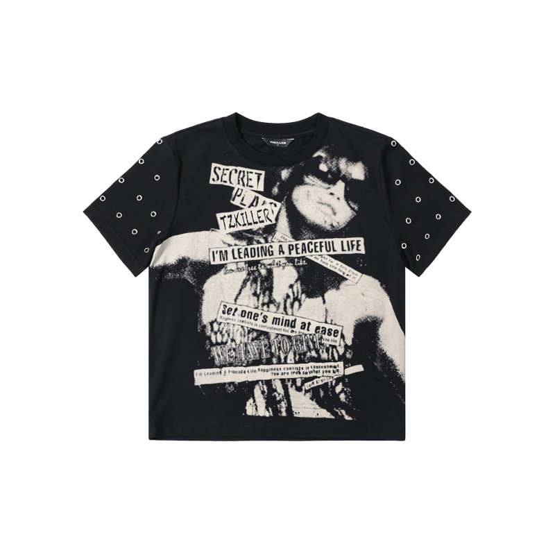 Tz Killer "Messy" Vintage Print Portrait T-Shirt with Rivet Sleeves, Loose Short-Sleeve Rock Band Style