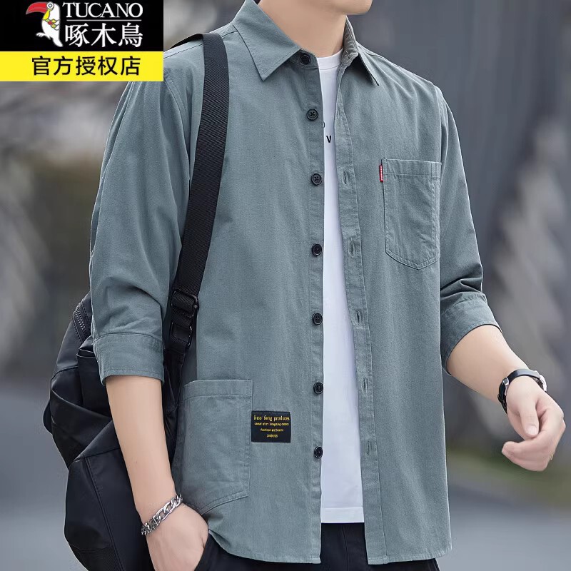 Woodpecker Spring and Autumn Pure Cotton Three-Quarter Sleeve Men's Shirt Casual Spring Shirt Men's Long-Sleeve Workwear Stylish Jacket