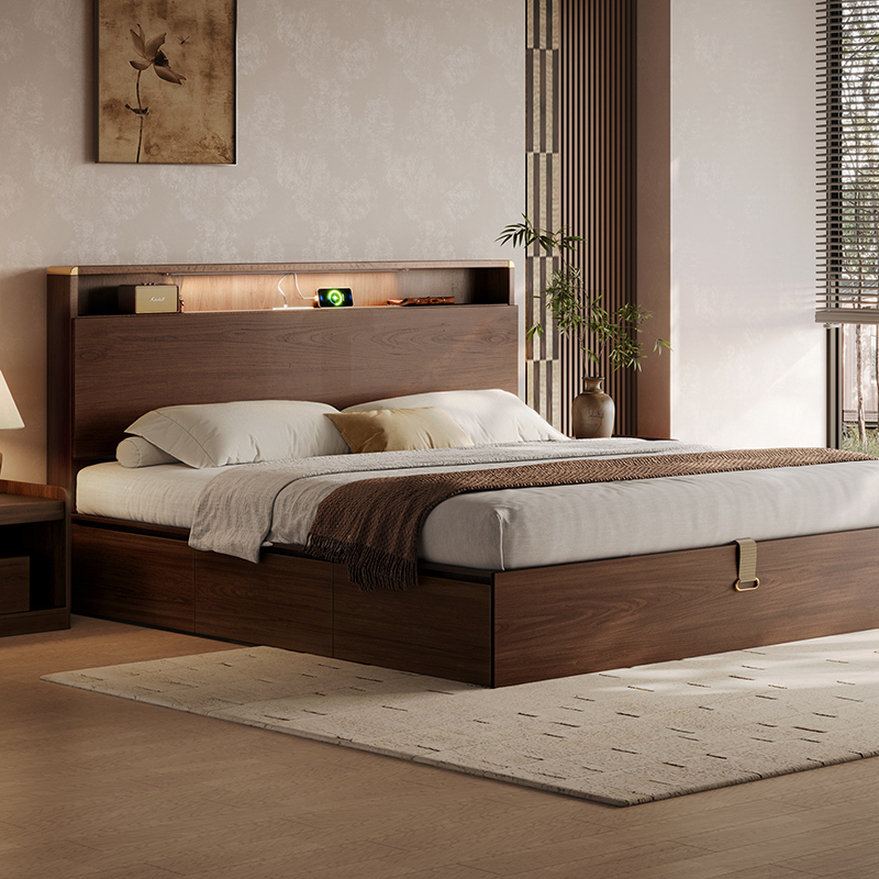 High Box Storage Bed, Antique-Style Solid Wood Bed, Modern Minimalist Small Apartment Master Bedroom Double Bed, Genuine Leather Bedroom Wedding Bed