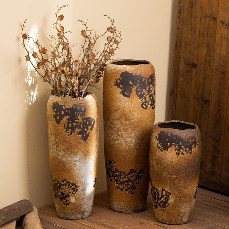 Succulent Ceramic Flower Pot, Retro Style, Large Diameter, Nine-Tailed Fox Tall Pot, Living Room Balcony Floor-Standing Green Plant Tall Vase, Coarse Pottery Jar