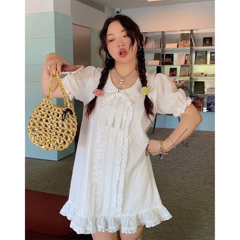 Plus Size Sweet Style Doll Collar Short-Sleeved Dress for Women Summer 150kg Fat mm Slimming Ruffled Mid-Length A-Line Skirt