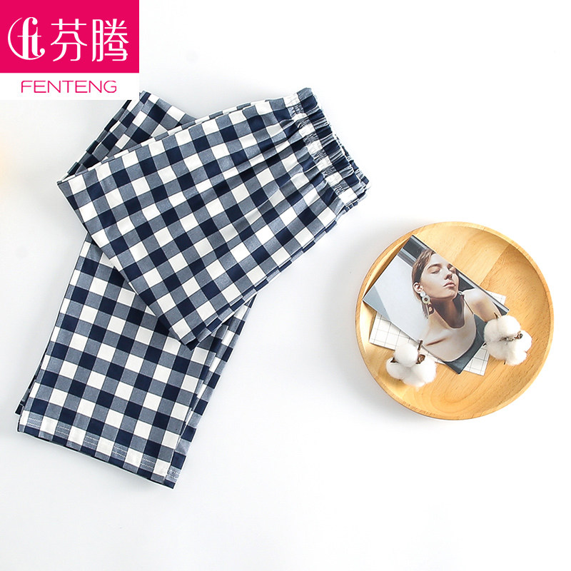 Finten Sleeping Pants Lady Pure Cotton Spring Autumn Season Day Ensemble Plaid Full Cotton Gats Plus Size Extractable Wearing In-home Long Pants