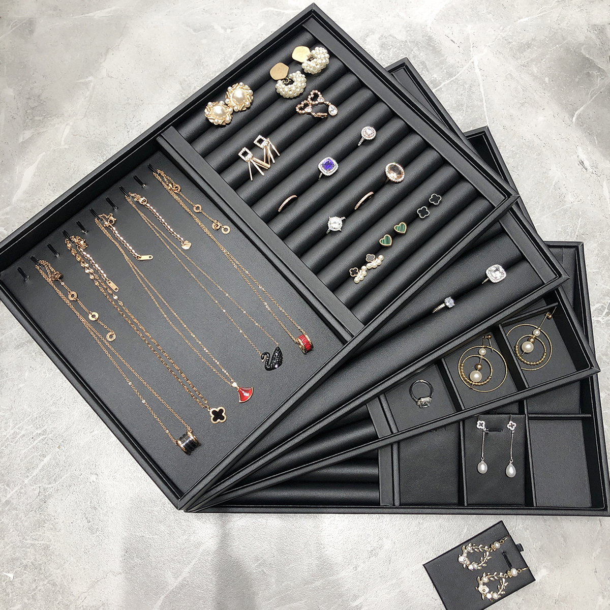 Upscale Black PU leather Jewelry Show Ring Containing earrings Ear Stud Earrings Necklace showstand Stall Props