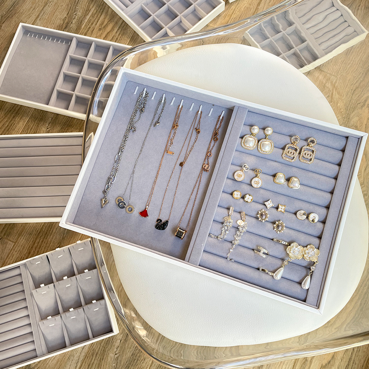 Gray flocking cloth jewelry storage tray ring earrings necklace jewelry box display stand