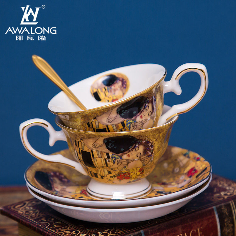 Klimt-kiss British bone china coffee cup European-style small luxury ceramic cup ins wind with spoon afternoon tea