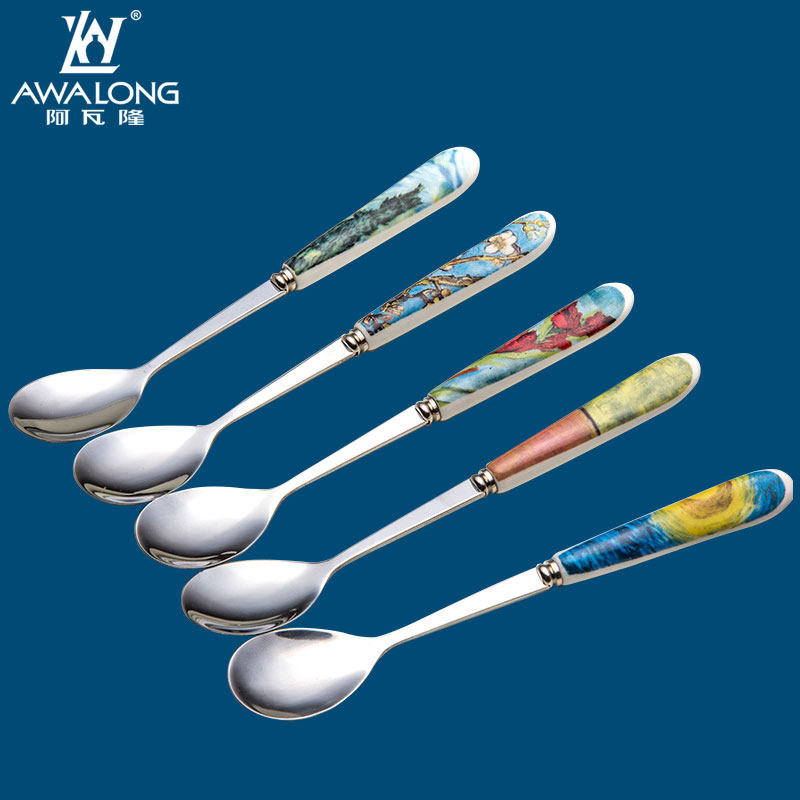 Van Gogh homo-style 304 stainless steel coffee spoon European-style dessert small spoon Mini creative ceramic handle stirring spoon