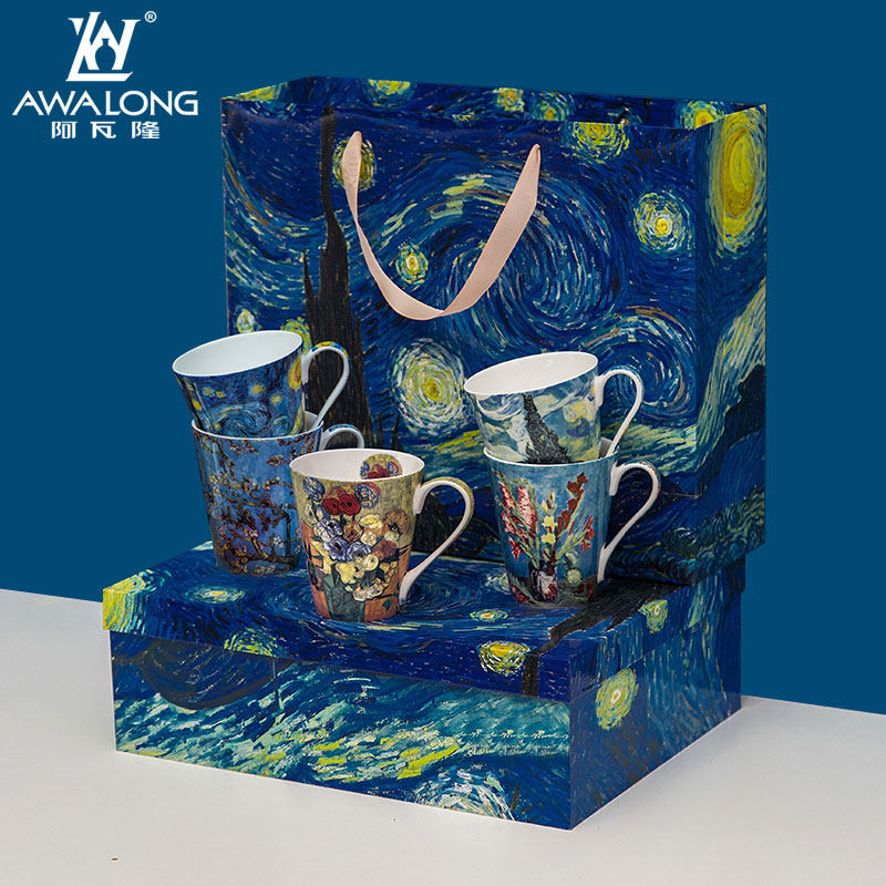 Van Gogh bone porcelain large capacity Mark cup creative personality trendy art oil painting cup home ceramic cup gift box dress